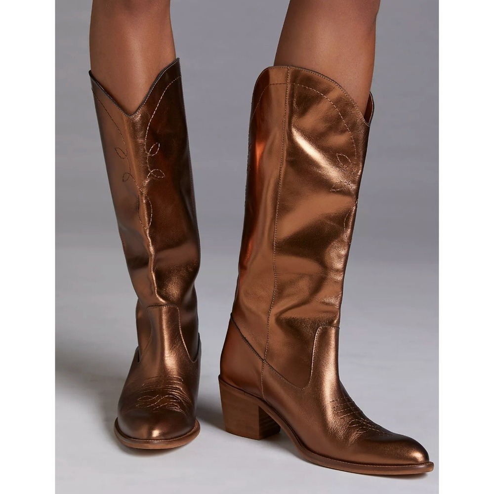 Anthropologie Knee-High Western Boots in Bronze sz 38 (US 7.5)